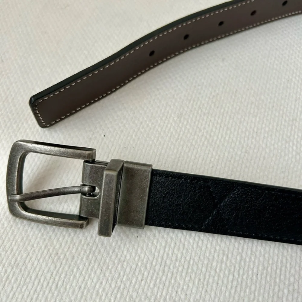 Belt Leather Reversible Black Brown Gray Brass Metal Buckle Kids Boys Unisex